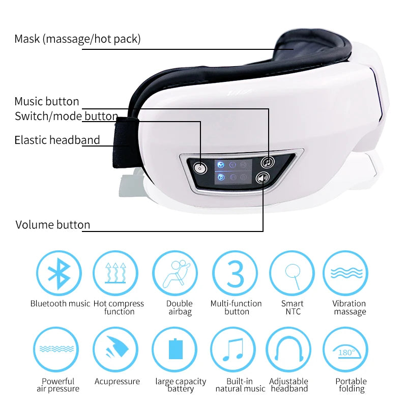 Foldable Eye Massager with Vibration, Airbag Pressure, Hot Compress & Bluetooth Music